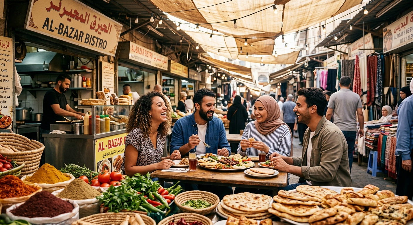 חבורת צעירים צוחקים ונהנים מארוחה משותפת בשוק אוכל מזרח תיכוני תוסס, כשבקדמת התמונה שפע של תבלינים צבעוניים, ירקות טריים ומאפים מסורתיים.